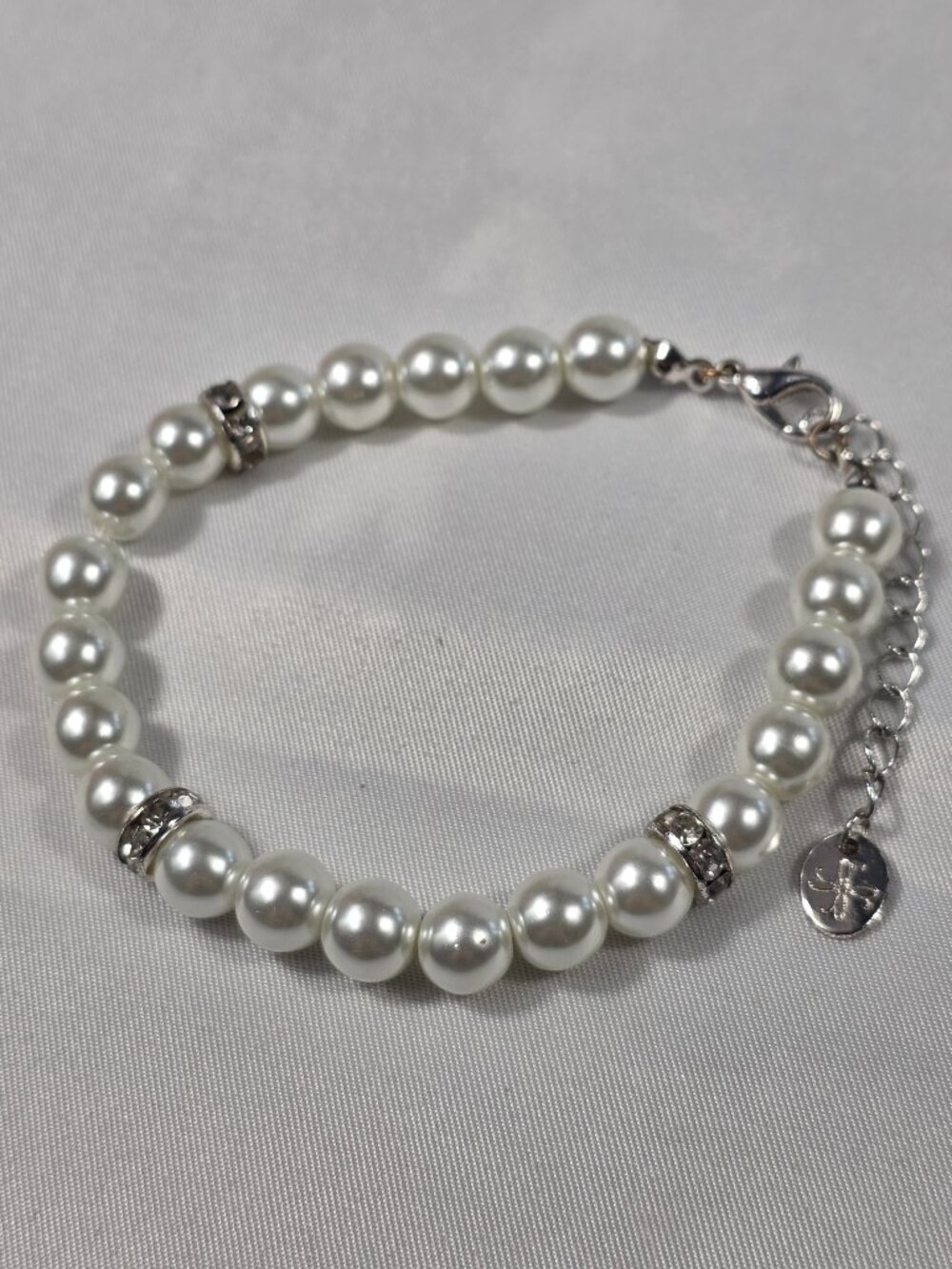 Icing White Faux Pearl Bracelet Silver-Tone Rhinestone Rondelles Spacers
